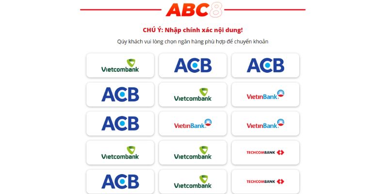 Chọn ngân hàng phù hợp để nạp tiền ABC8